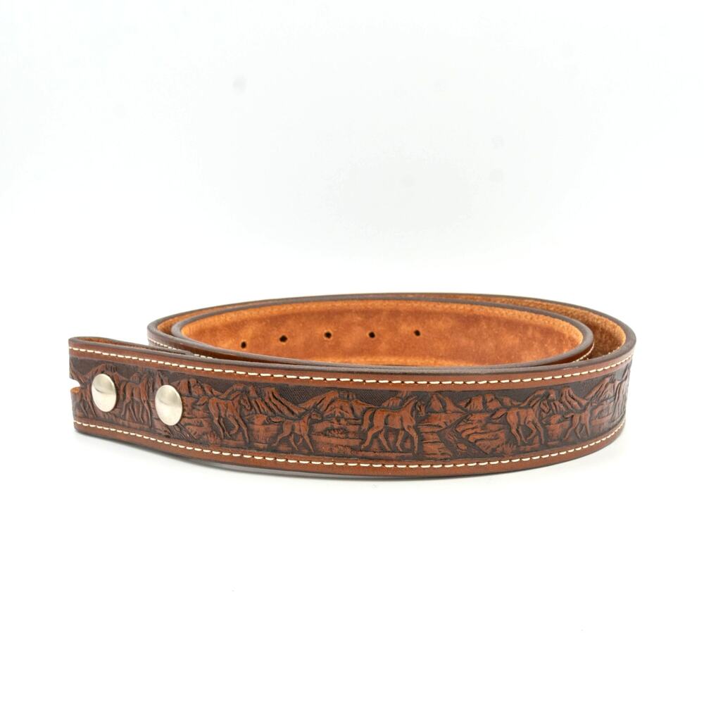 Amish Made BRENNEMAN Leather Goods Horse Scene Tooled Belt Size 44 Brown
